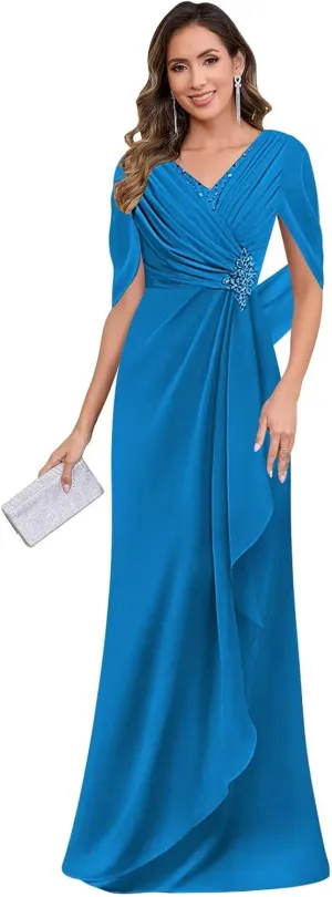Chiffon Mother of The Bride Dresses for Women with Cape V Neck Lace Applique Wedding Guest Dress