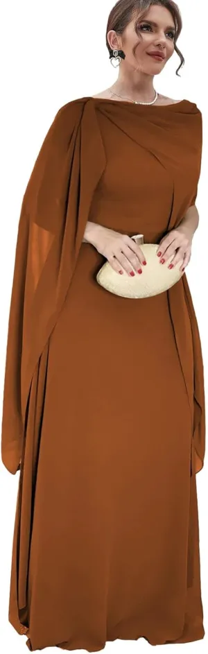 Chiffon Mother of The Bride Dresses with Cape Long Wedding Guest Formal Dress for Women