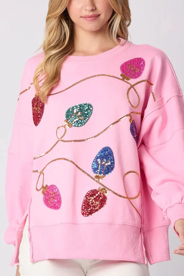 Christmas Lights Sequin Slit Pullover Sweatshirt