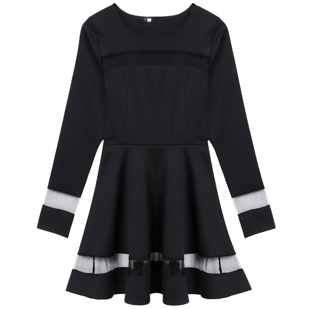 Clearance Stylish Women Sexy Long Sleeve High Waist Casual Patchwork Mini Pleated Dress