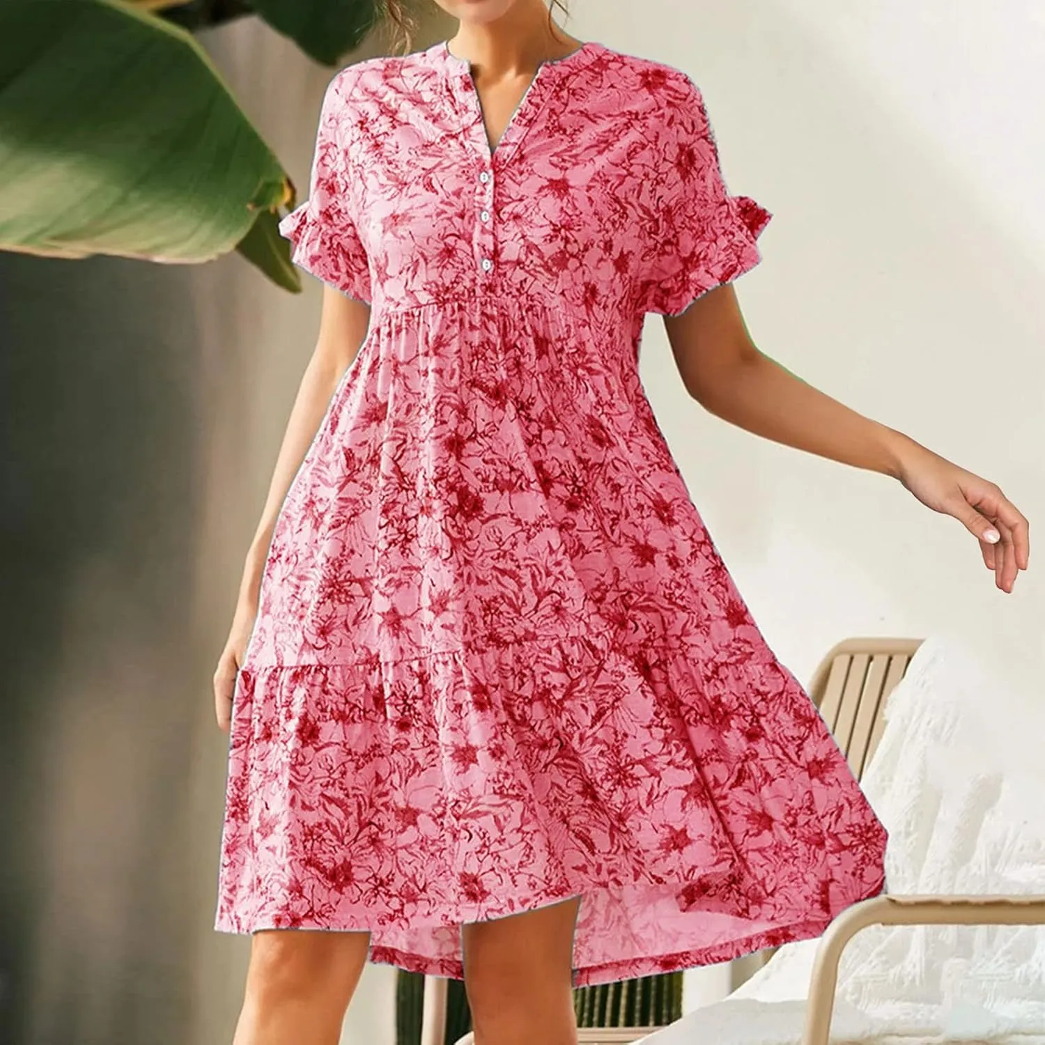 cooki Summer Dresses for Women 2024 Half Puff Sleeve Floral Print Button Down Loose Ruffle Tiered Beach Mini Dress Sundress