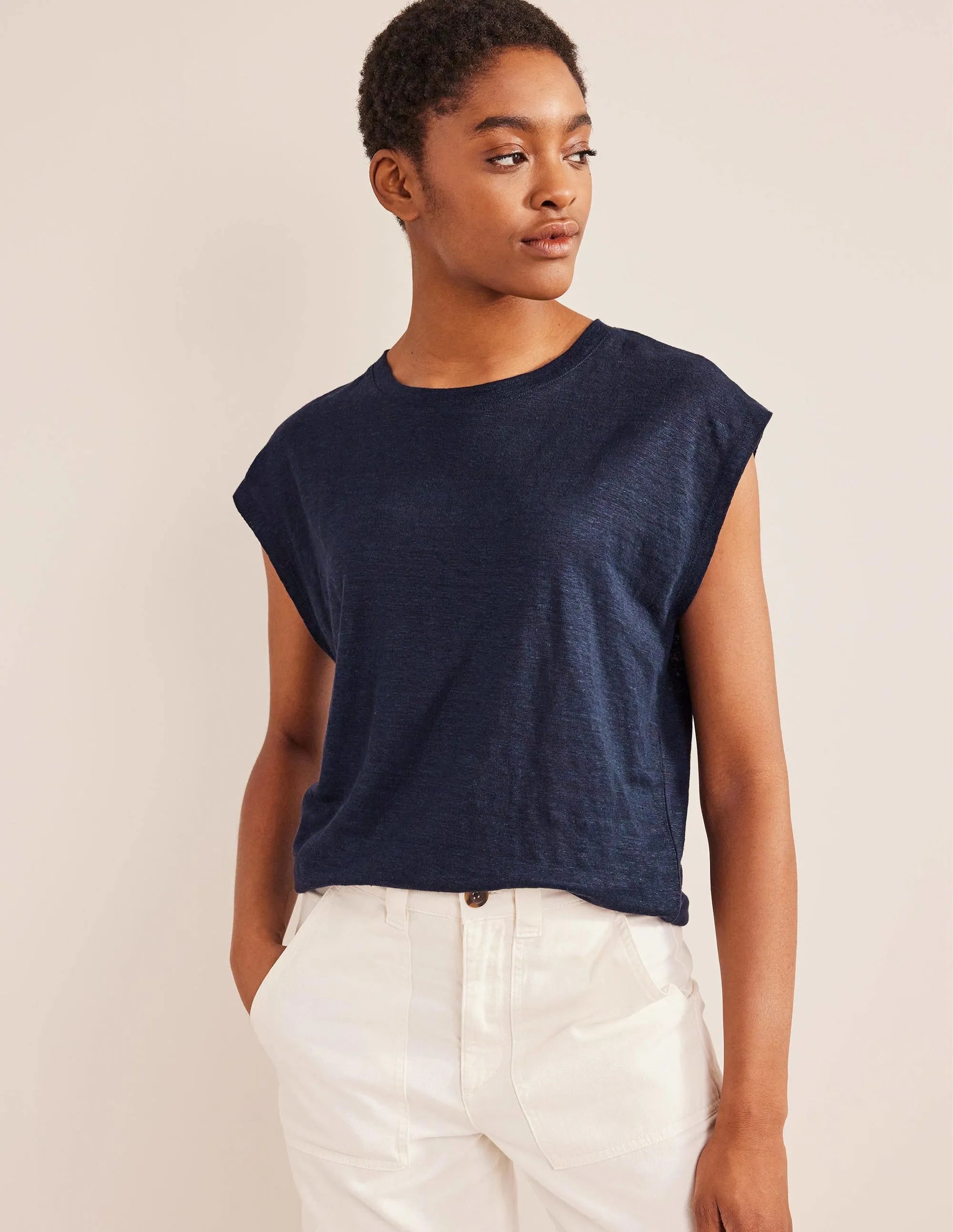 Crew Neck Linen T-shirt-Navy