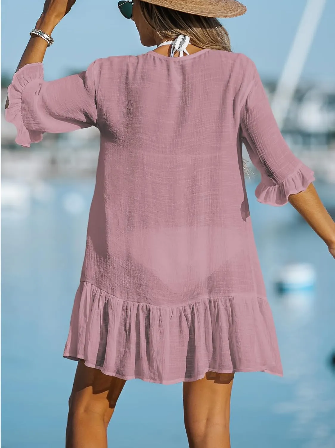 CUPSHE Women's V Neck Ruffled Cover Up Button Down Bathing Suit Beach Dress with Short Sleeves