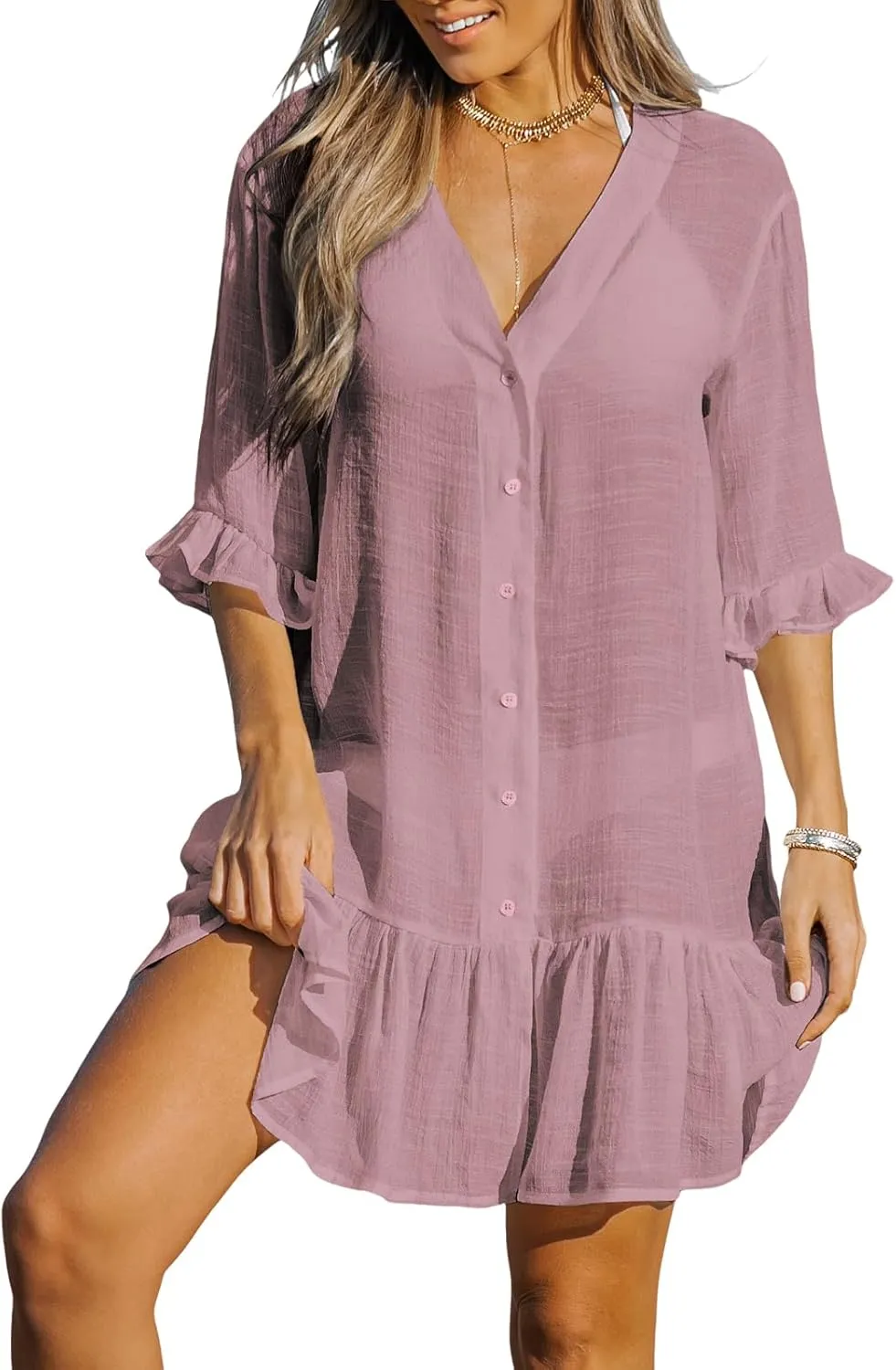 CUPSHE Women's V Neck Ruffled Cover Up Button Down Bathing Suit Beach Dress with Short Sleeves