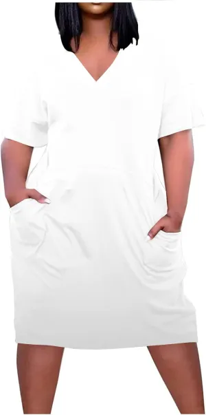 DDAPJ pyju Women's Plus Size Short Sleeve Dress with Pockets Trendy Summer V Neck Midi Dress Comfy Loose Casual Dresses