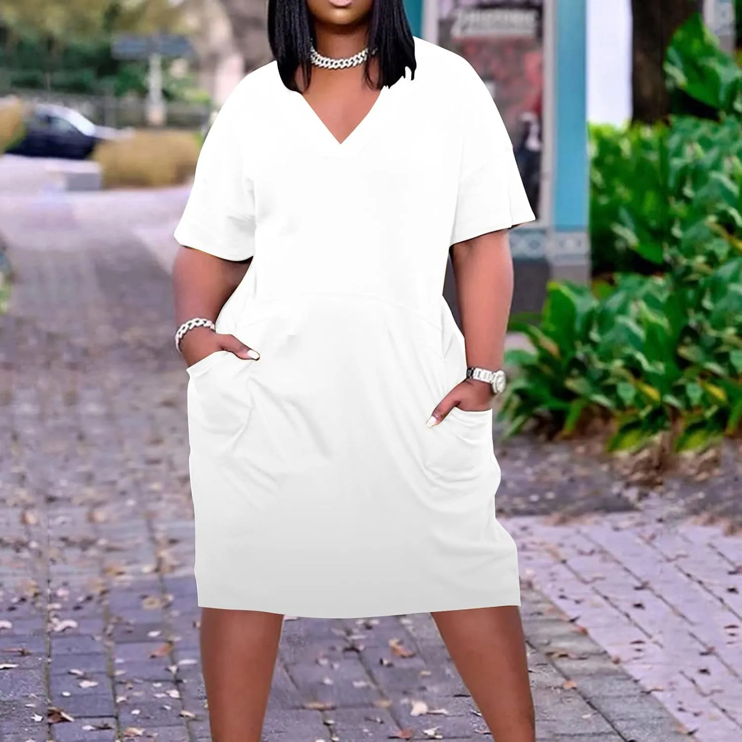 DDAPJ pyju Women's Plus Size Short Sleeve Dress with Pockets Trendy Summer V Neck Midi Dress Comfy Loose Casual Dresses