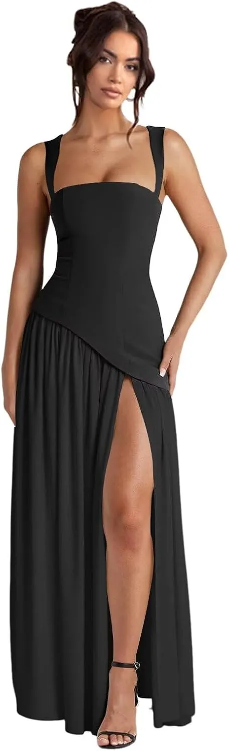 Dessiny Women's Satin Bridesmaid Dresses with Slit 2025 Spaghetti Straps Drop Waist Evening Party Gowns DE409