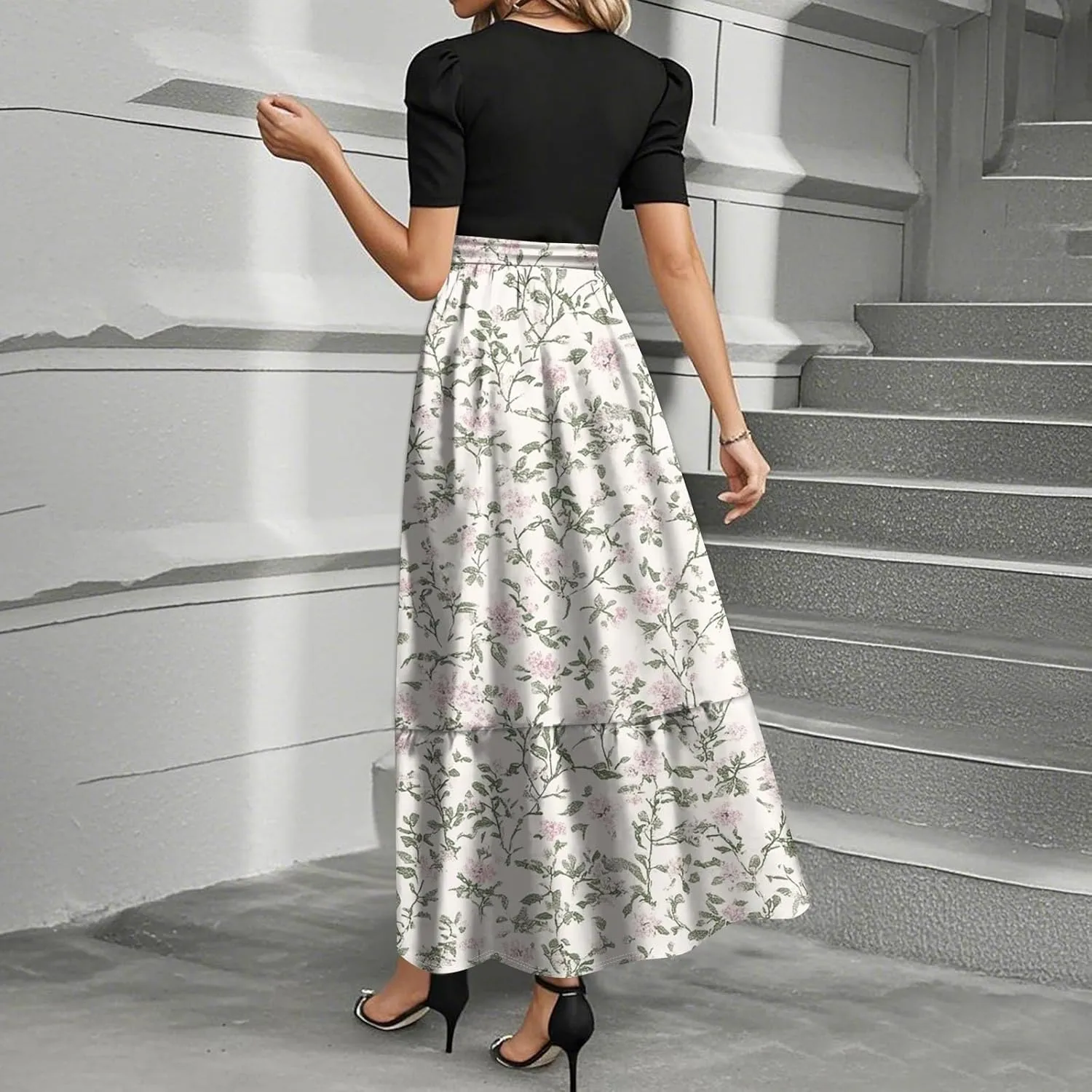 Dresses for Women 2025 Short Sleeve Round Neck Dresses Knee Length Dress Long Flowy Beach Dresses