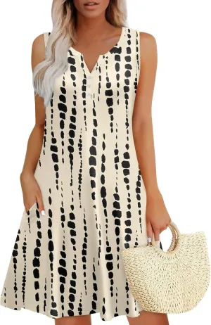 Dresses for Women Summer Boho Beach Dress Loose V Neck Sleeveless Sundresses Swimsuit with Hidden Pockets