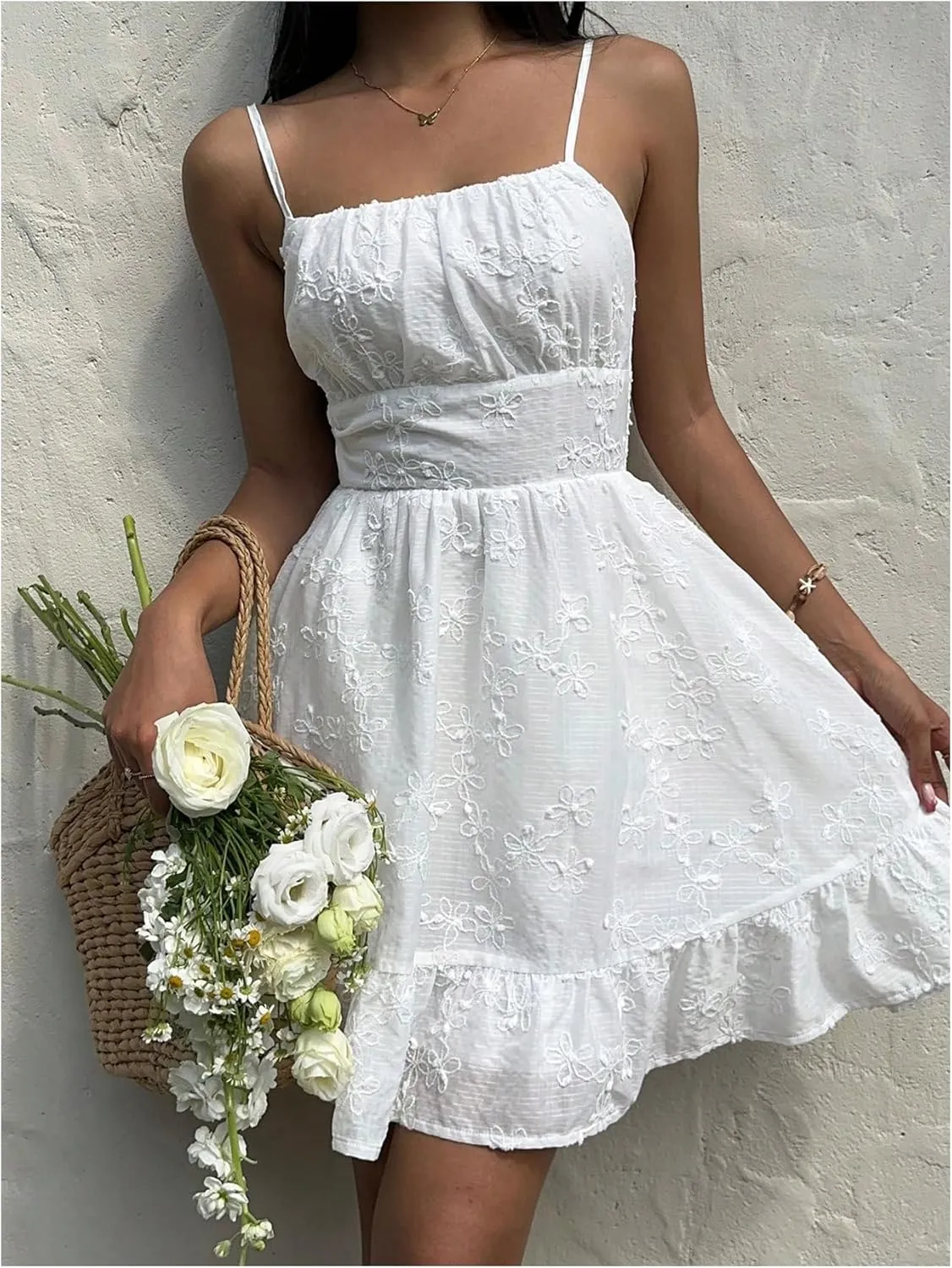 Floerns Women's Sleeveless Backless Tiered Mini Dresses Shirred Textured Cami Dresses