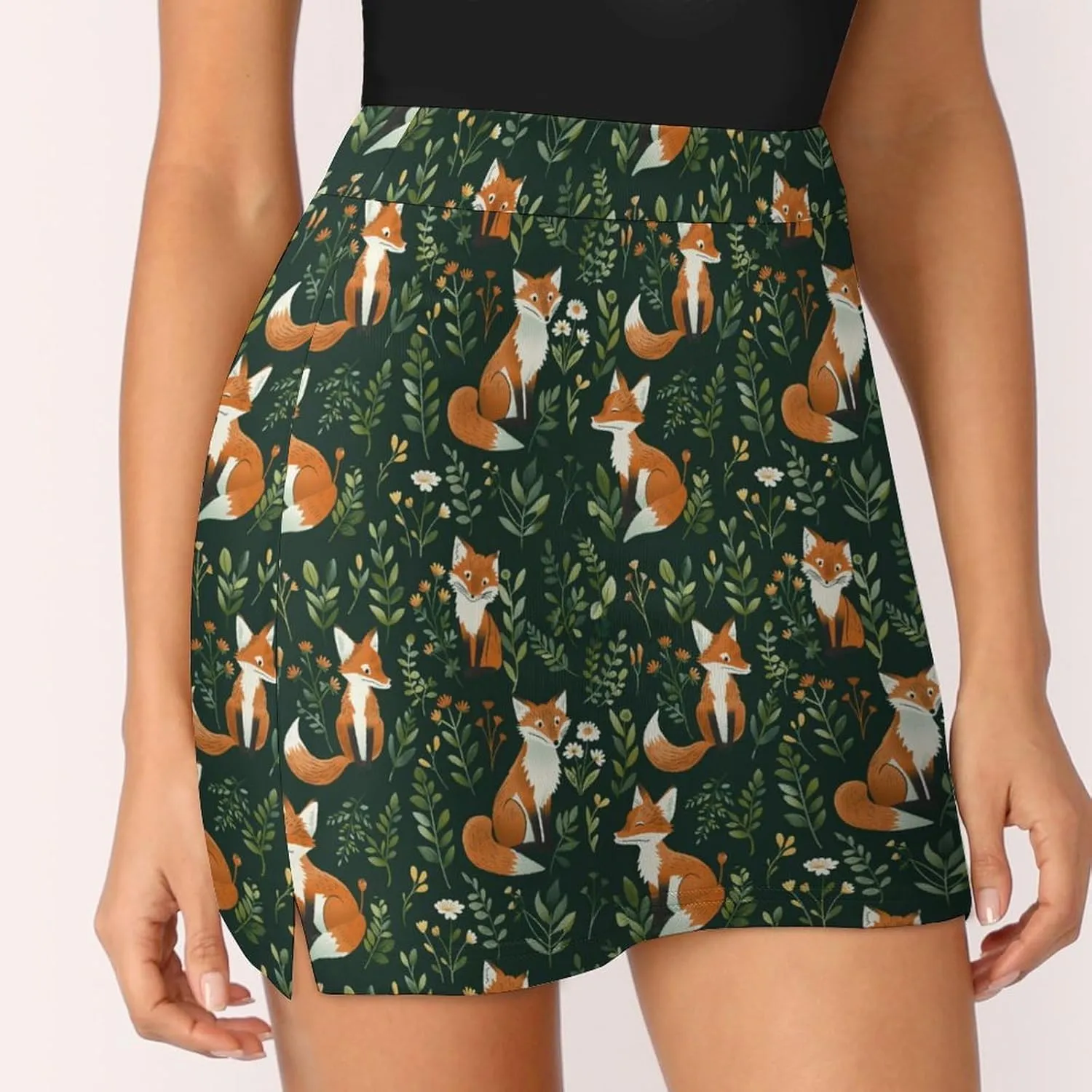 Foxes And Flowers Plants Women's Skort Athletic Skirt Golf Skorts A-line Skirts with Built-in Shorts Pockets