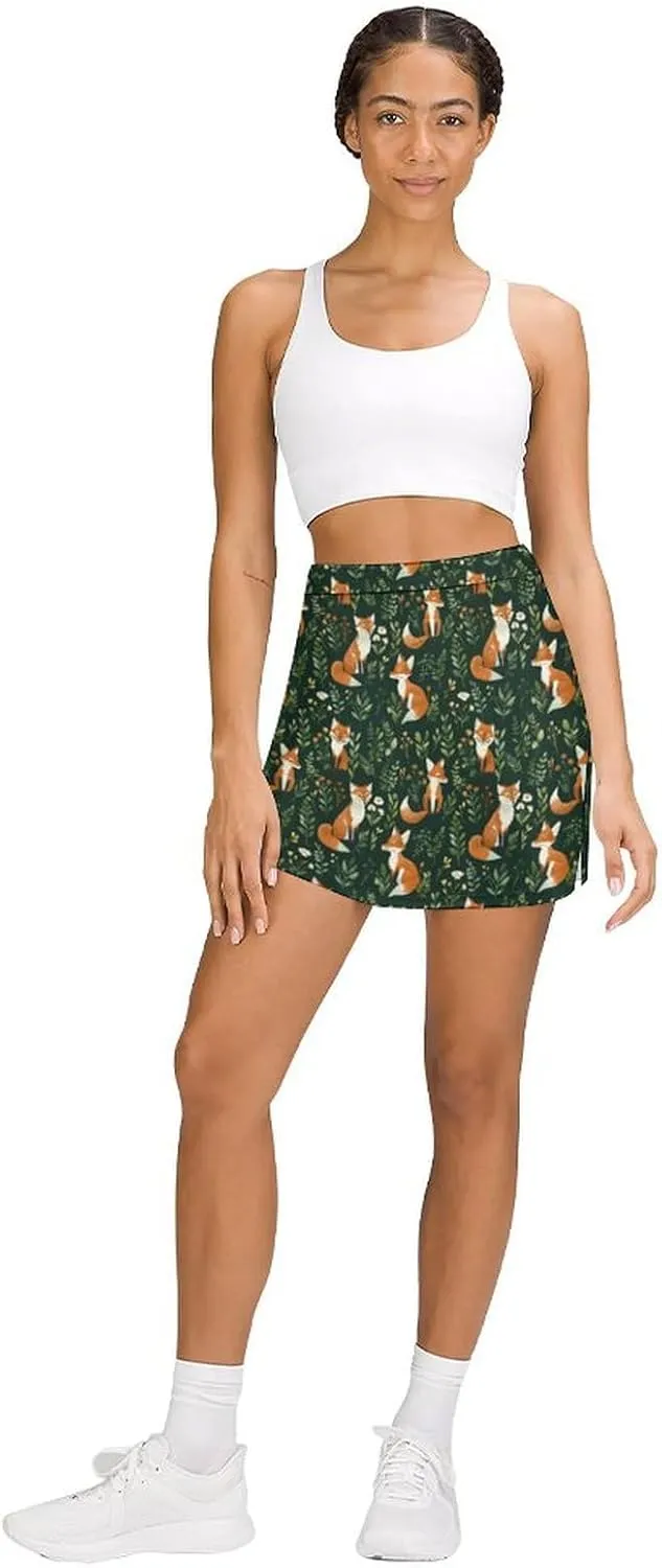 Foxes And Flowers Plants Women's Skort Athletic Skirt Golf Skorts A-line Skirts with Built-in Shorts Pockets