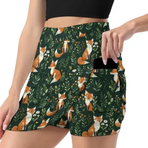 Foxes And Flowers Plants Women's Skort Athletic Skirt Golf Skorts A-line Skirts with Built-in Shorts Pockets