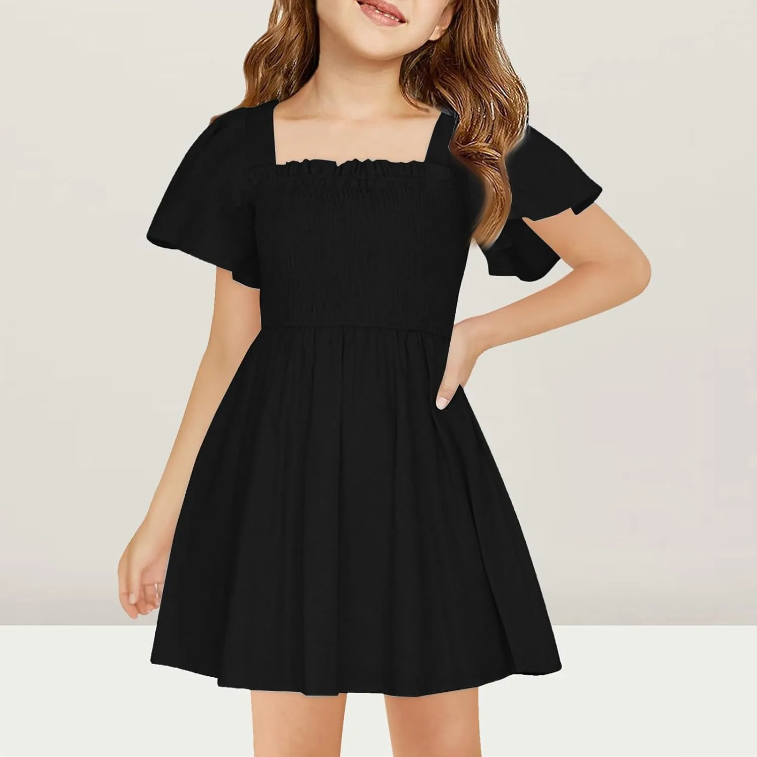Girl Summer Dress Ruffle Sleeve Dresses Square Neck A Line Dress for Party Cute Dance Wedding Guest Dresses 5-14 Years