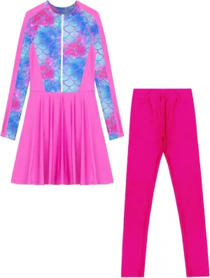 Girls Long Sleeve Swimsuit Colorful Print Bathing Suit Rash Guard Swimwear 2 Pcs Swim Dress with Pants