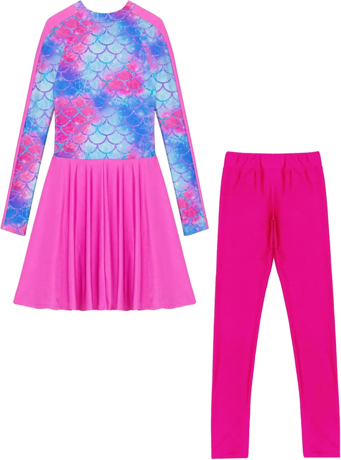 Girls Long Sleeve Swimsuit Colorful Print Bathing Suit Rash Guard Swimwear 2 Pcs Swim Dress with Pants