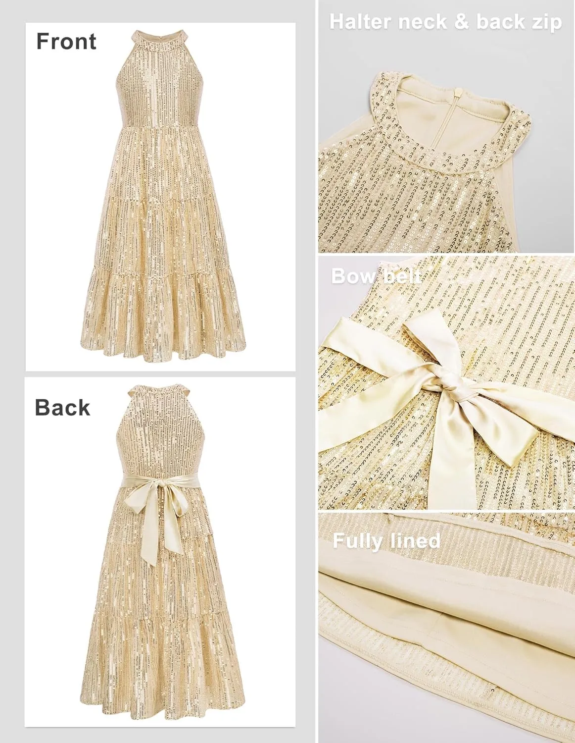 GRACE KARIN Girls Sequin Dress Formal Party Elegant Fancy Girls Maxi Long Dress for 5-14Y