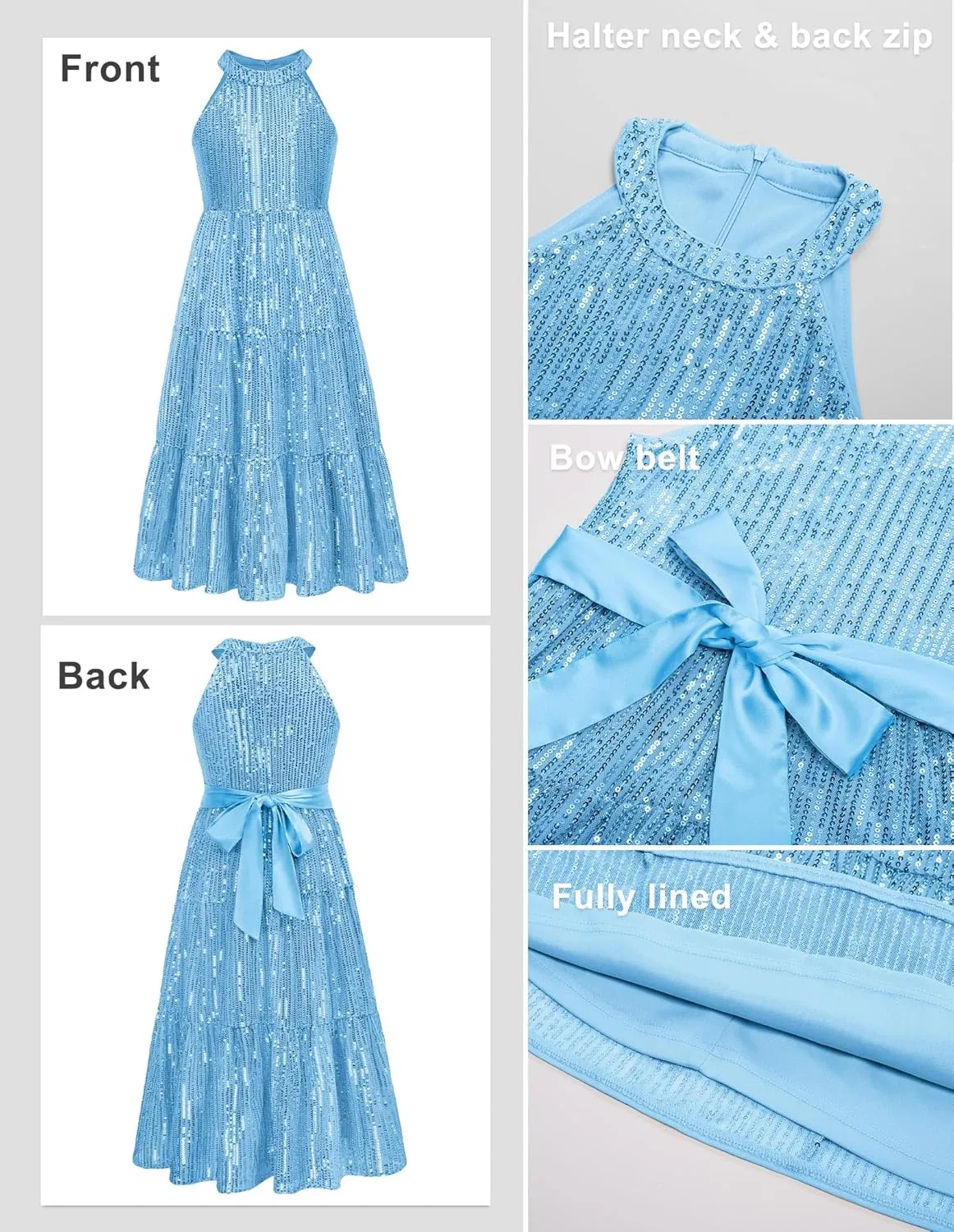 GRACE KARIN Girls Sequin Dress Formal Party Elegant Fancy Girls Maxi Long Dress for 5-14Y