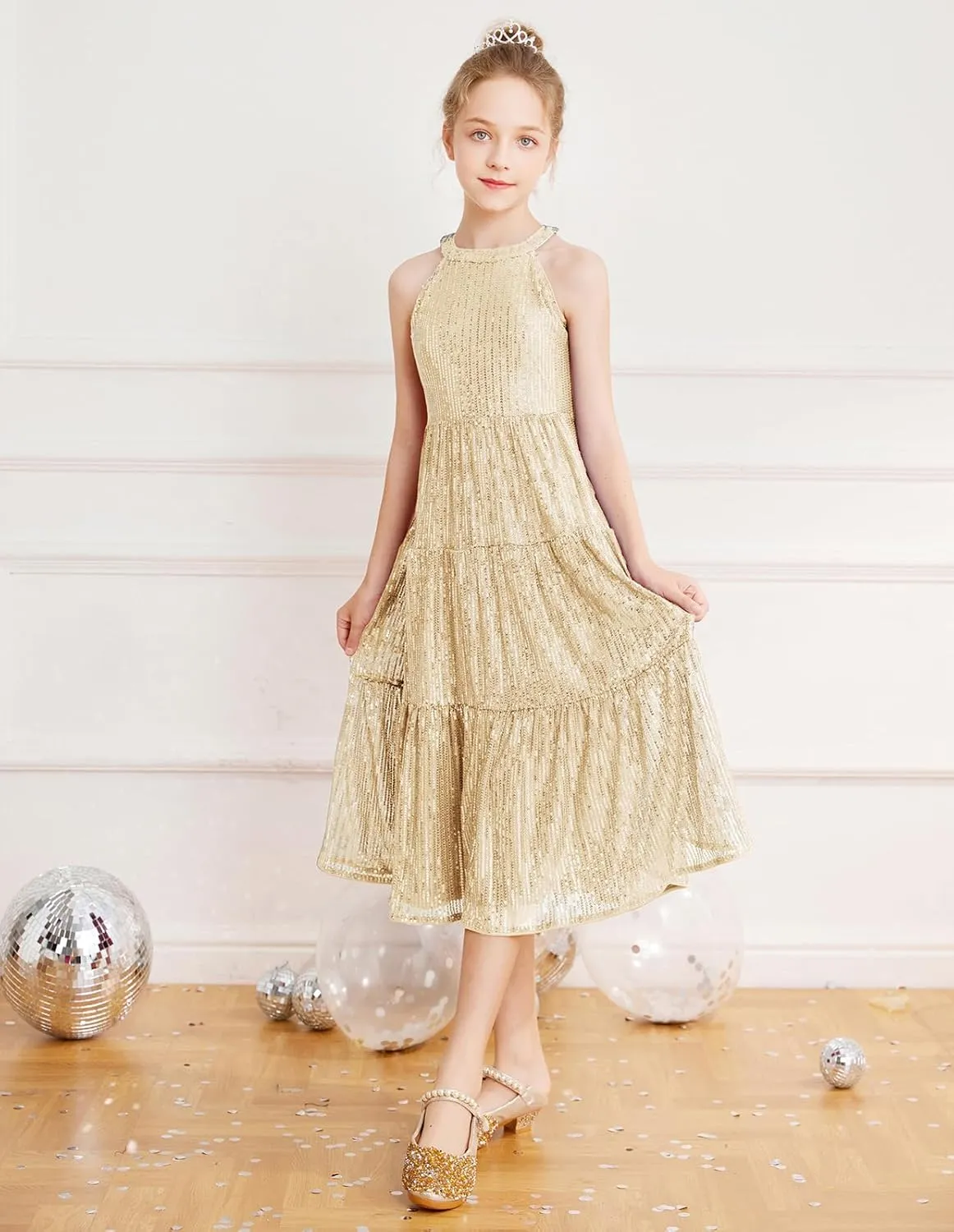 GRACE KARIN Girls Sequin Dress Formal Party Elegant Fancy Girls Maxi Long Dress for 5-14Y