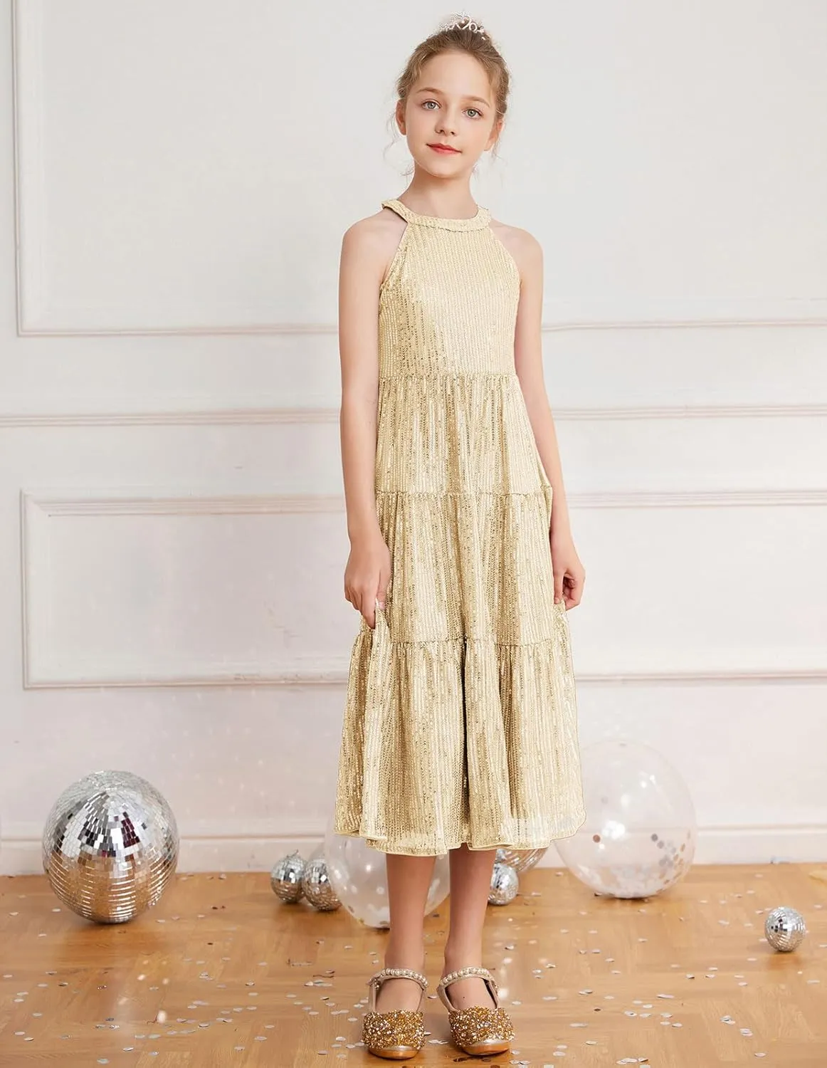 GRACE KARIN Girls Sequin Dress Formal Party Elegant Fancy Girls Maxi Long Dress for 5-14Y
