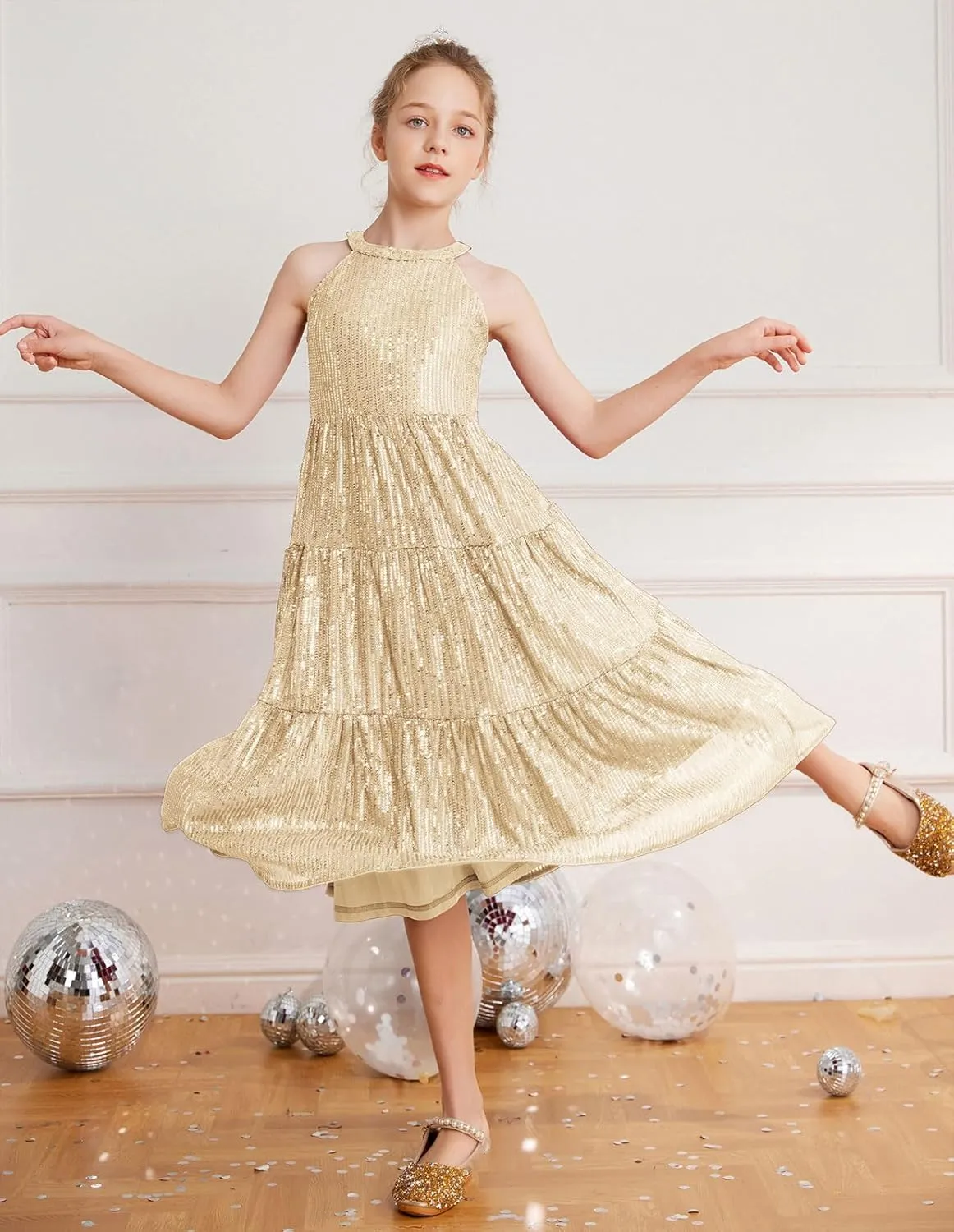 GRACE KARIN Girls Sequin Dress Formal Party Elegant Fancy Girls Maxi Long Dress for 5-14Y