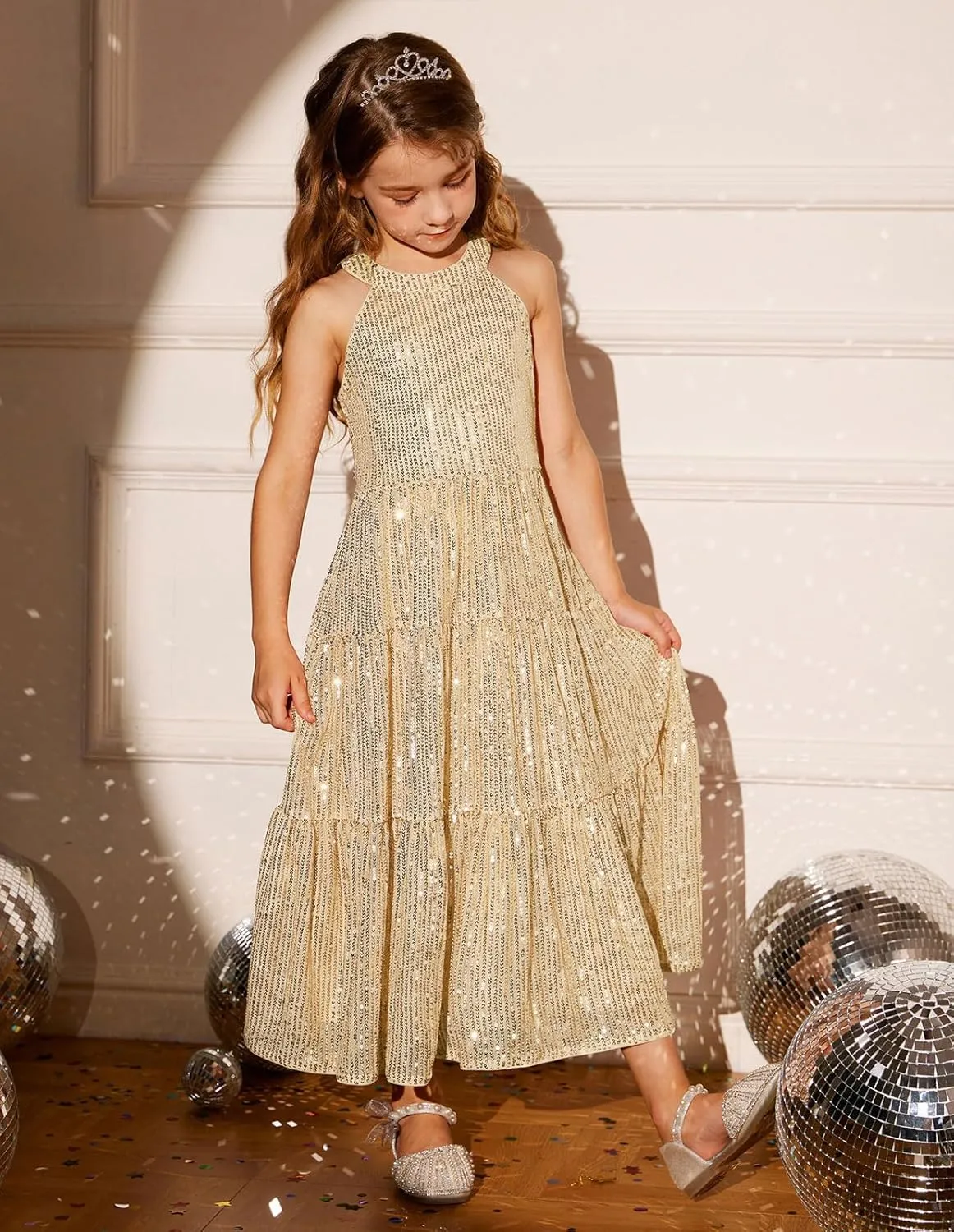 GRACE KARIN Girls Sequin Dress Formal Party Elegant Fancy Girls Maxi Long Dress for 5-14Y