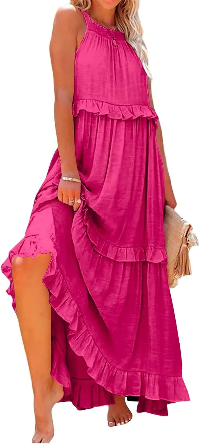 Halter Maxi Tiered Dresses for Women Summer Flowy Swing Ruffle Smocked Dress Plus Size Sundress Frocks with Pockets