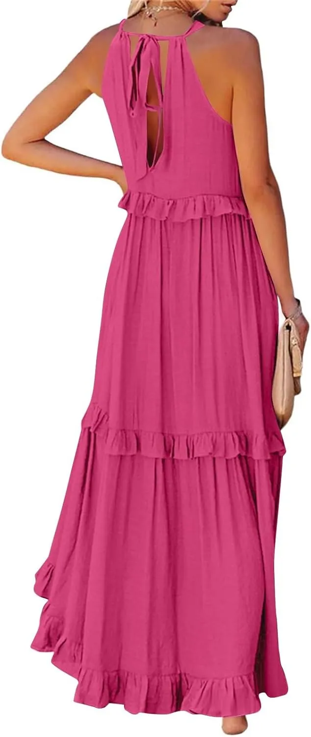 Halter Maxi Tiered Dresses for Women Summer Flowy Swing Ruffle Smocked Dress Plus Size Sundress Frocks with Pockets