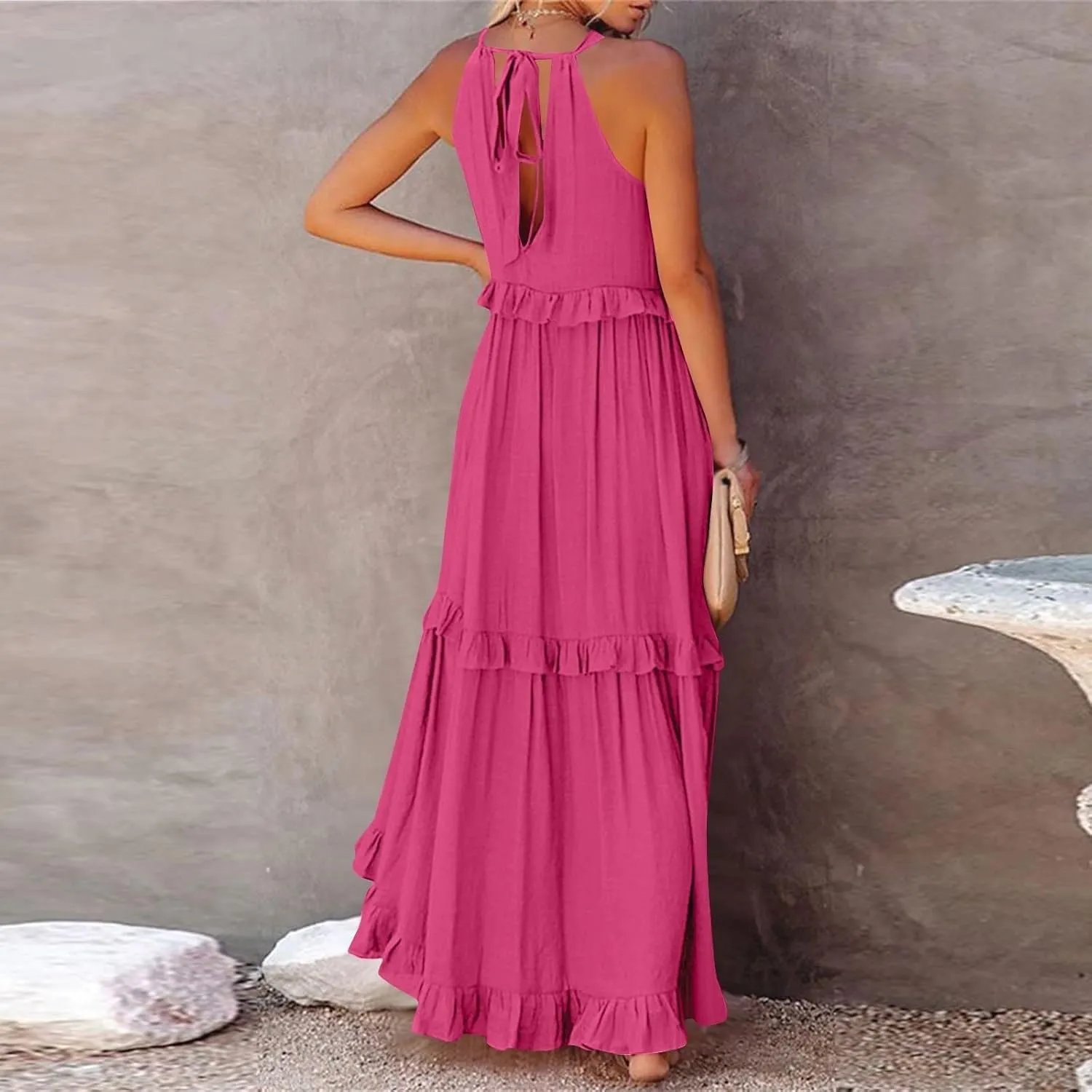 Halter Maxi Tiered Dresses for Women Summer Flowy Swing Ruffle Smocked Dress Plus Size Sundress Frocks with Pockets