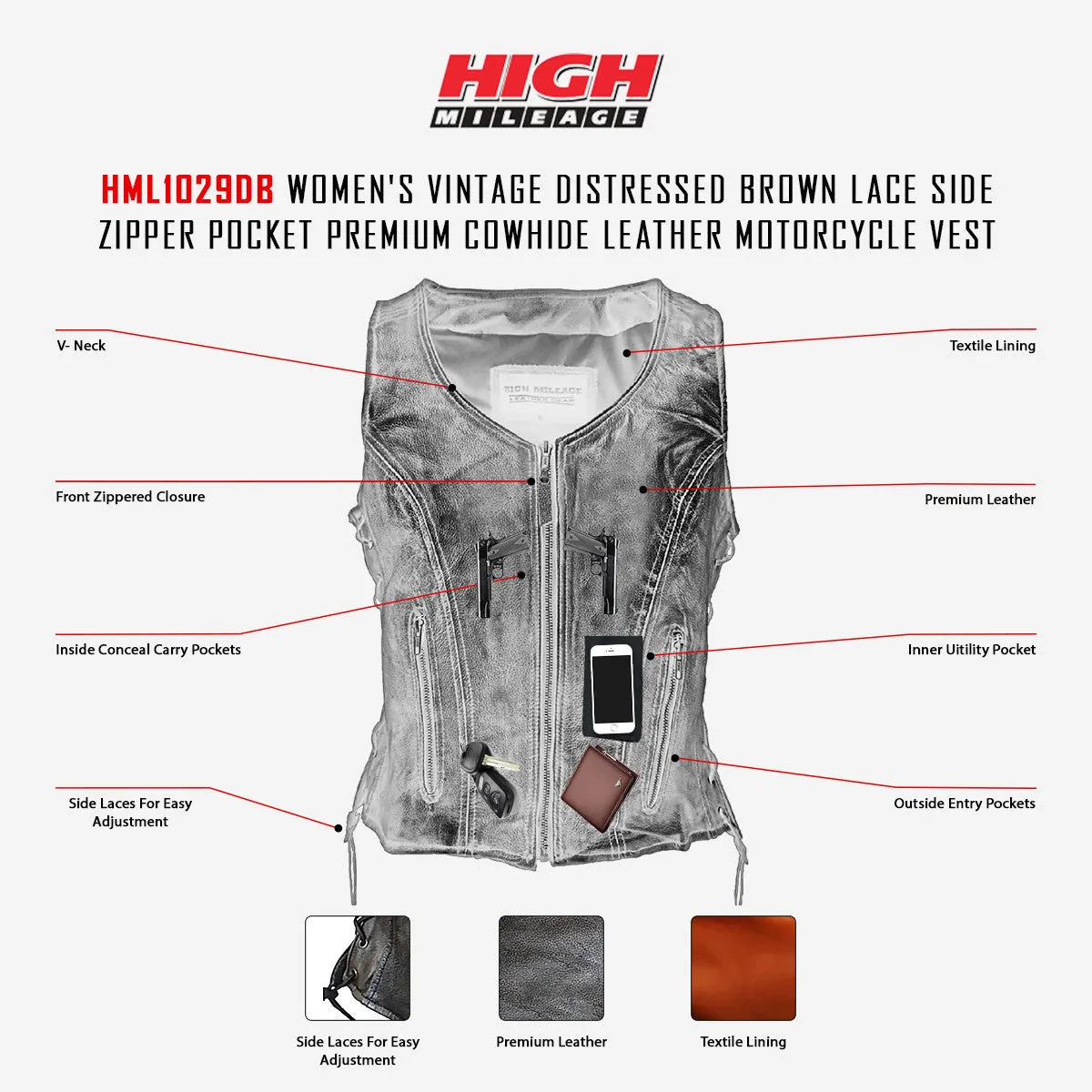 High Mileage Women's Vintage Distressed Brown Lace Side Zipper Pocket Premium Cowhide Leather Motorcycle Vest