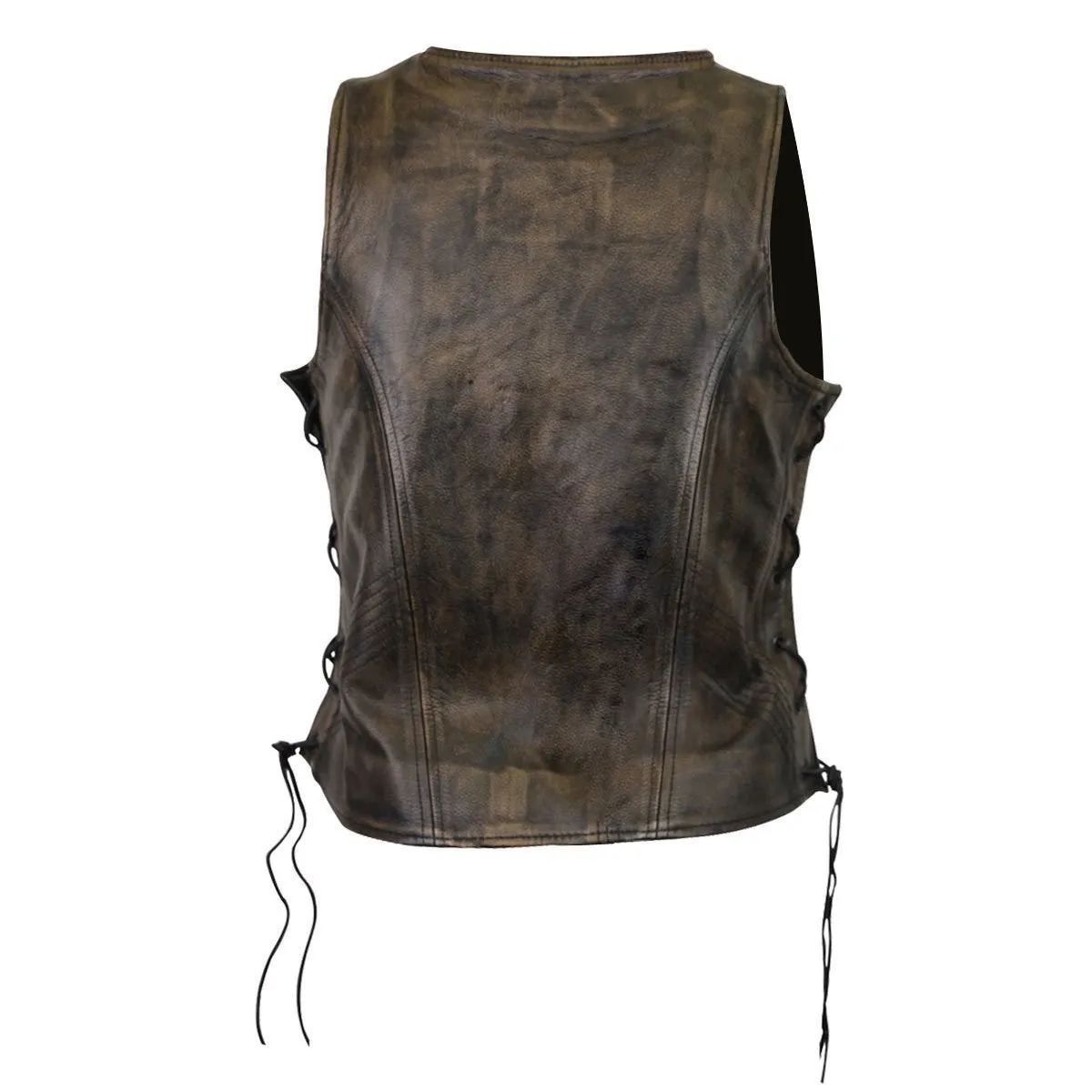 High Mileage Women's Vintage Distressed Brown Lace Side Zipper Pocket Premium Cowhide Leather Motorcycle Vest