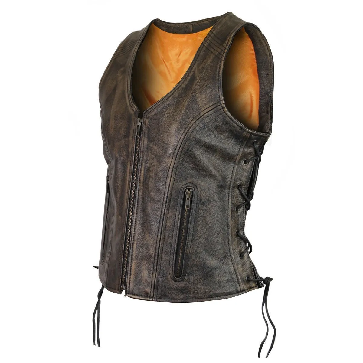 High Mileage Women's Vintage Distressed Brown Lace Side Zipper Pocket Premium Cowhide Leather Motorcycle Vest