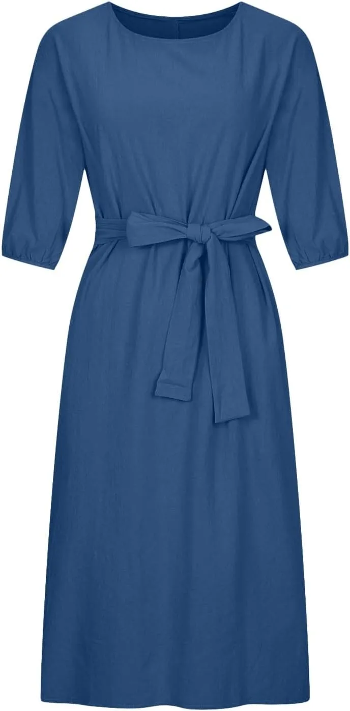 Holiday Dresses for Women 2025 Plus Size Half Sleeve Crew Neck Midi Dress Summer Tie-Belt Cotton Linen Casual Dress