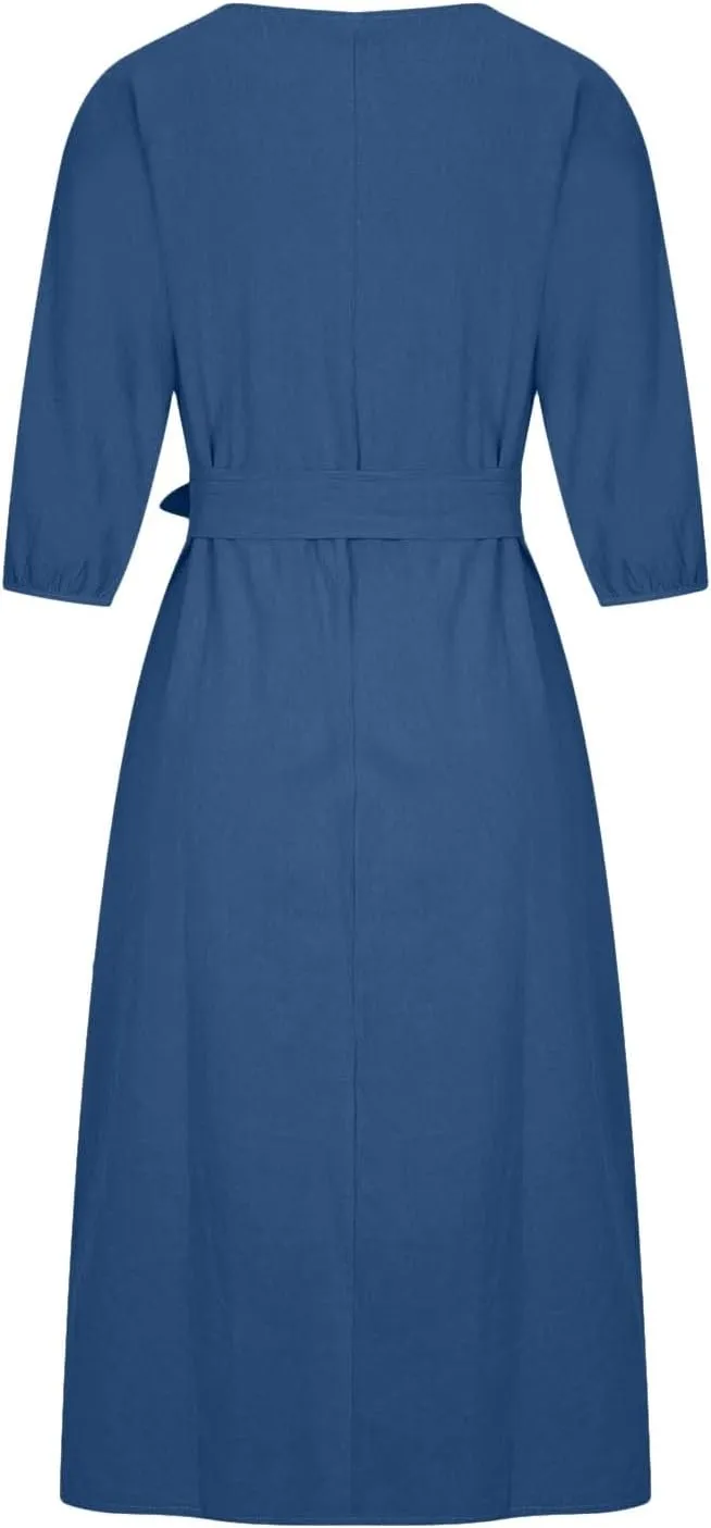 Holiday Dresses for Women 2025 Plus Size Half Sleeve Crew Neck Midi Dress Summer Tie-Belt Cotton Linen Casual Dress