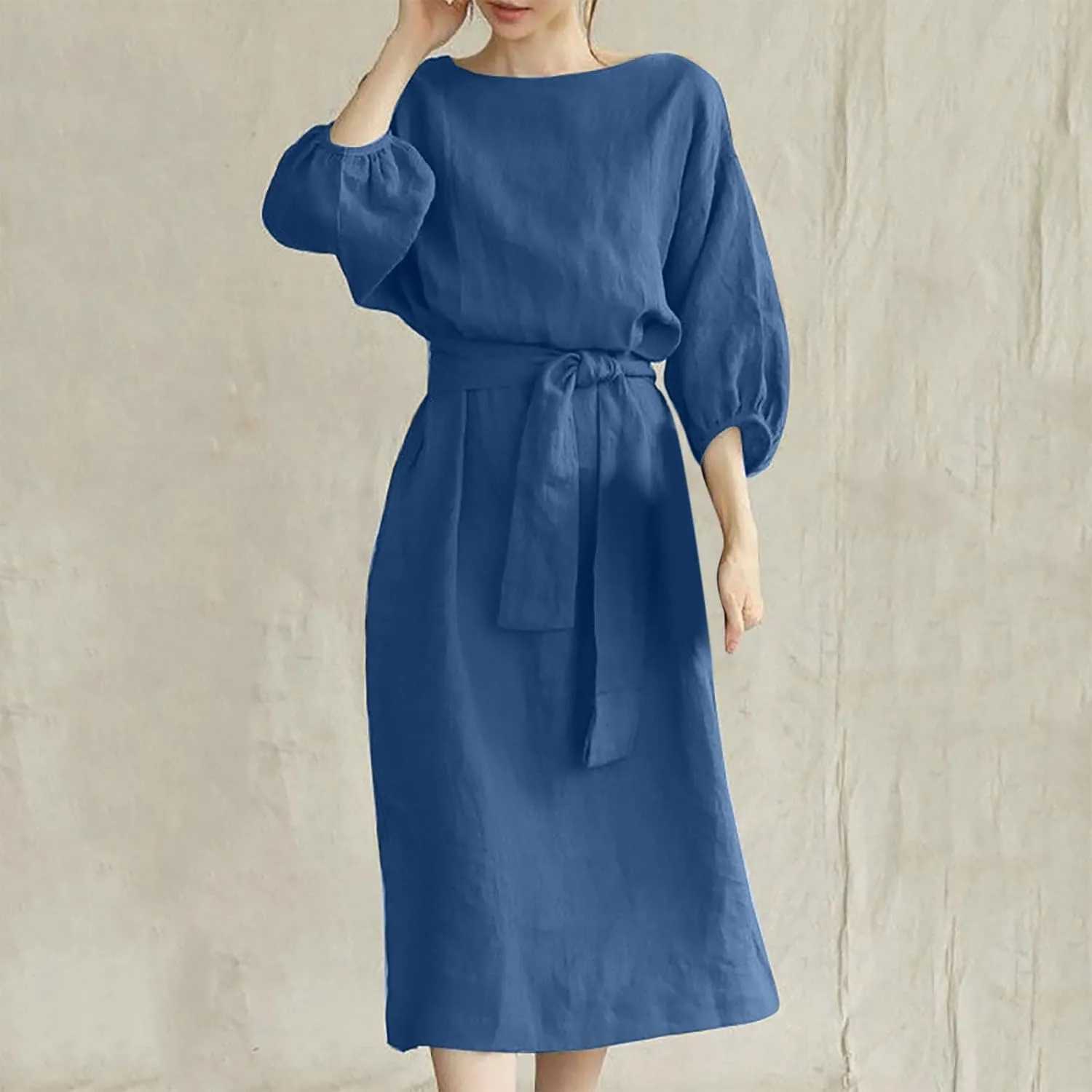 Holiday Dresses for Women 2025 Plus Size Half Sleeve Crew Neck Midi Dress Summer Tie-Belt Cotton Linen Casual Dress