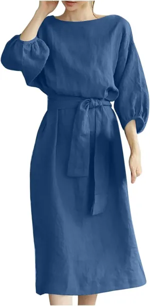 Holiday Dresses for Women 2025 Plus Size Half Sleeve Crew Neck Midi Dress Summer Tie-Belt Cotton Linen Casual Dress
