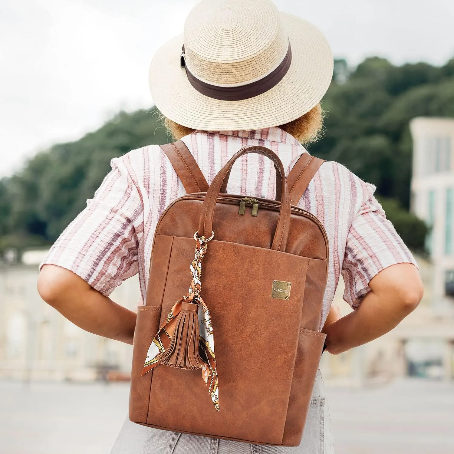 Kamlui Laptop Backpack for Women, Fit up to 15.6-inch Laptops, PU Leather, Brown, Water-resistant Business Travel Bag with Padded Compartment