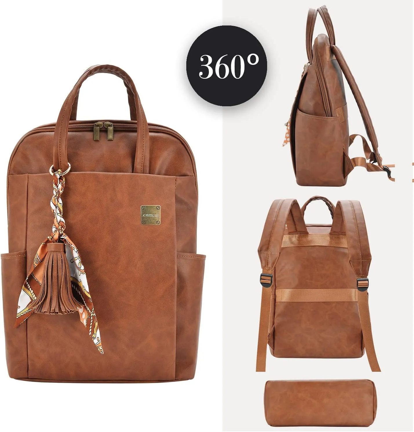 Kamlui Laptop Backpack for Women, Fit up to 15.6-inch Laptops, PU Leather, Brown, Water-resistant Business Travel Bag with Padded Compartment