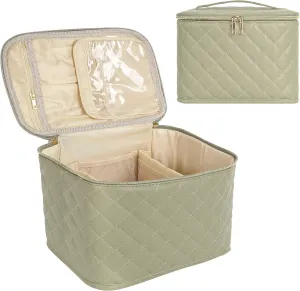 Large Cosmetic Organizer Case, Travel Makeup Bag with Quilted Diamond Pattern, Multi-Compartment Toiletry Bag with Handle Zipper, Light Green