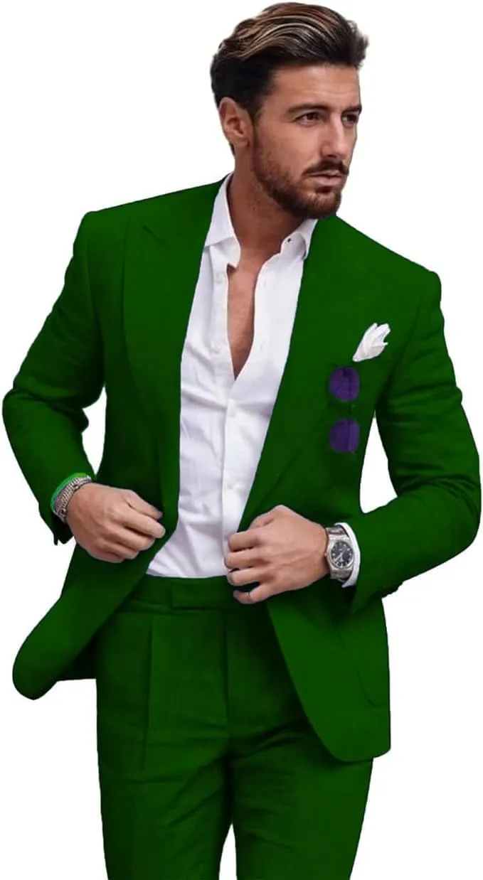 Linen Suit for Men 2 Pieces Slim Fit Casual Suits Groomsmen Tuxedos Wedding Party Blazer Pants Set