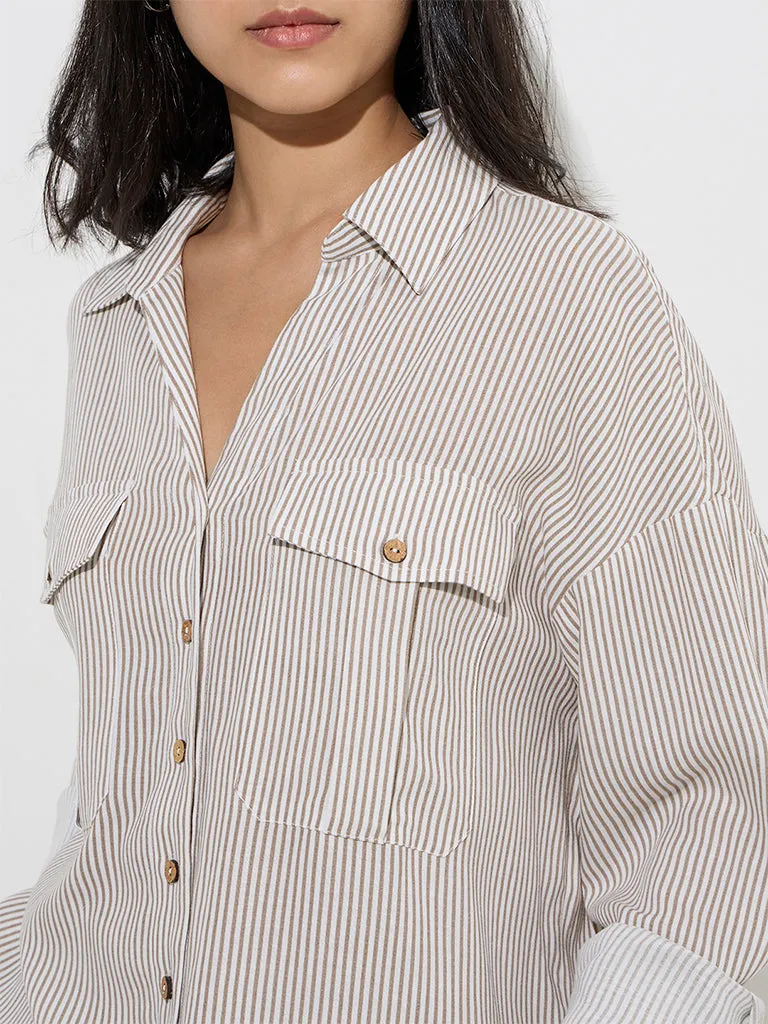 LOV Taupe Stripe Printed Shirt
