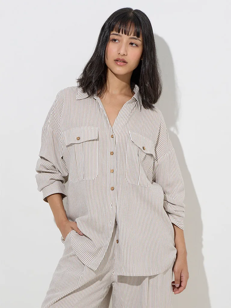 LOV Taupe Stripe Printed Shirt