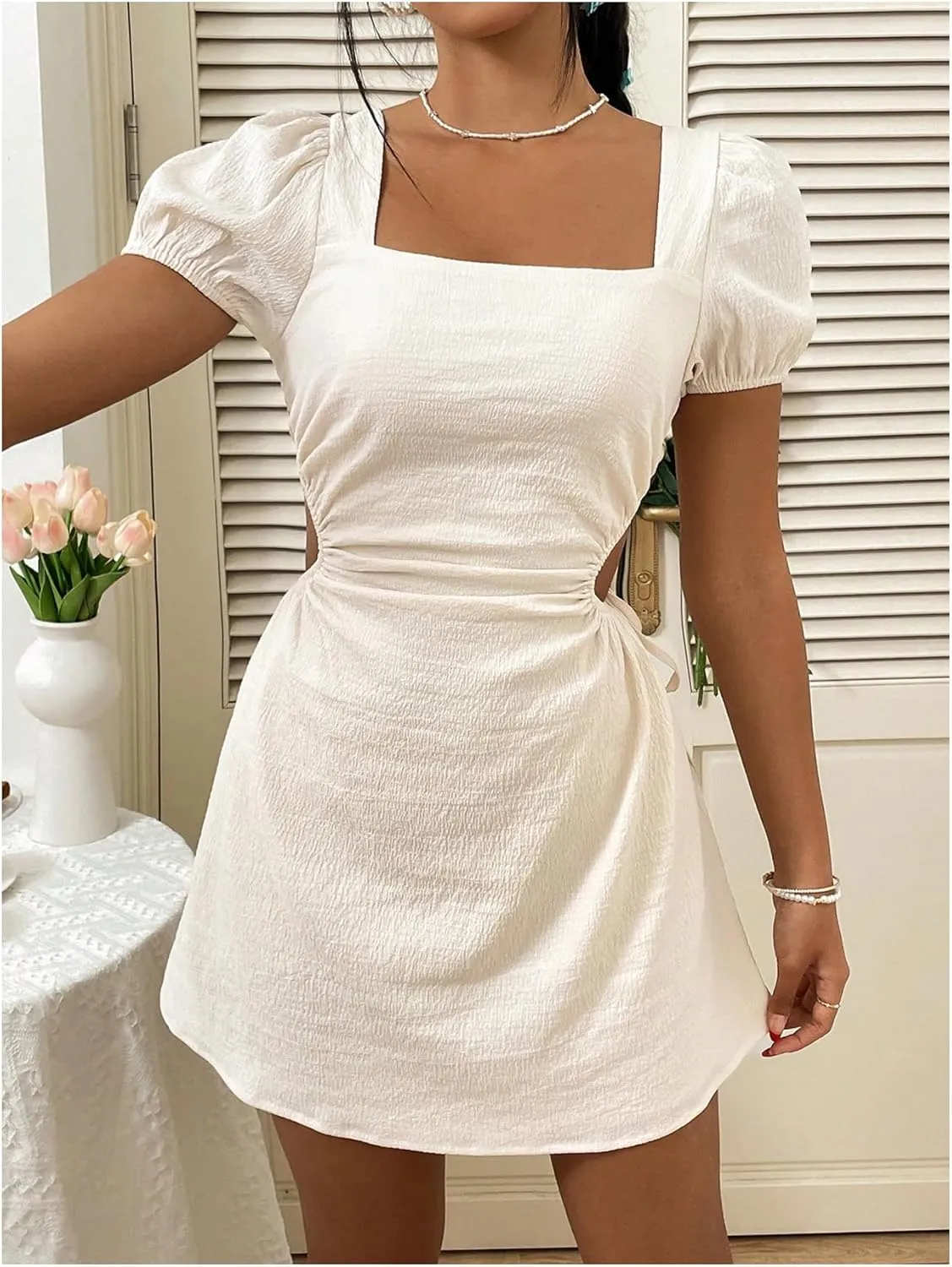 MakeMeChic Women's Puff Sleeve Tie Side Mini Dress Cut Out Square Neck Shirred A Line Dresses