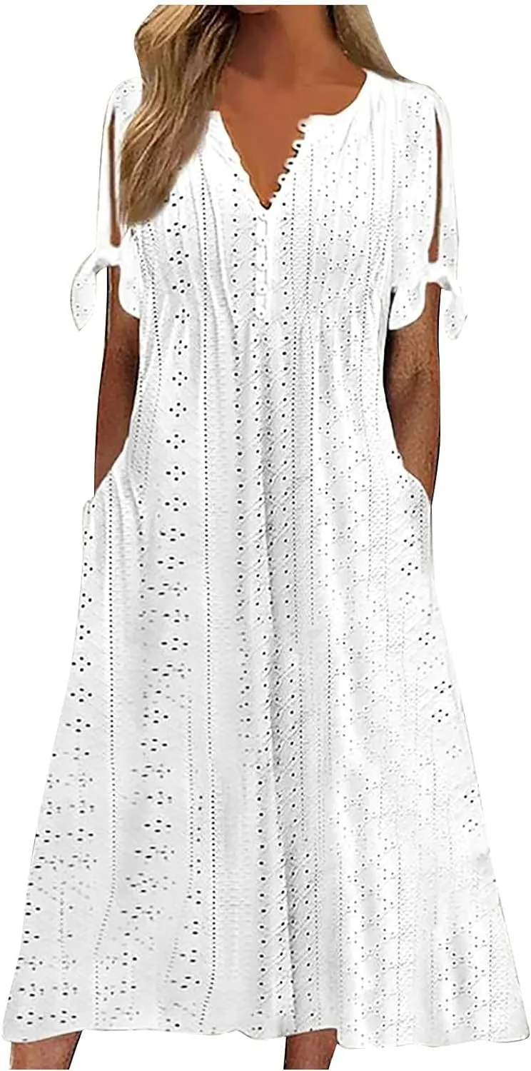 Maxi Long Dresses for Women 2025 Vacation Casual Short Sleeve Eyelet Tshirt Dress Summer Beach Travel Sundress Trendy