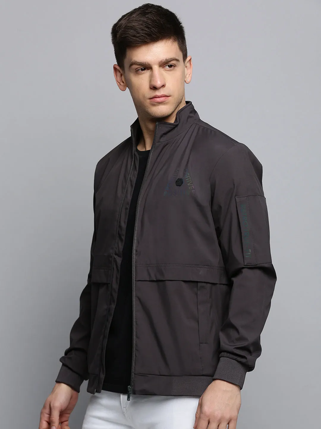 Men Grey Mock Collar Water Resistant Sporty Jacket