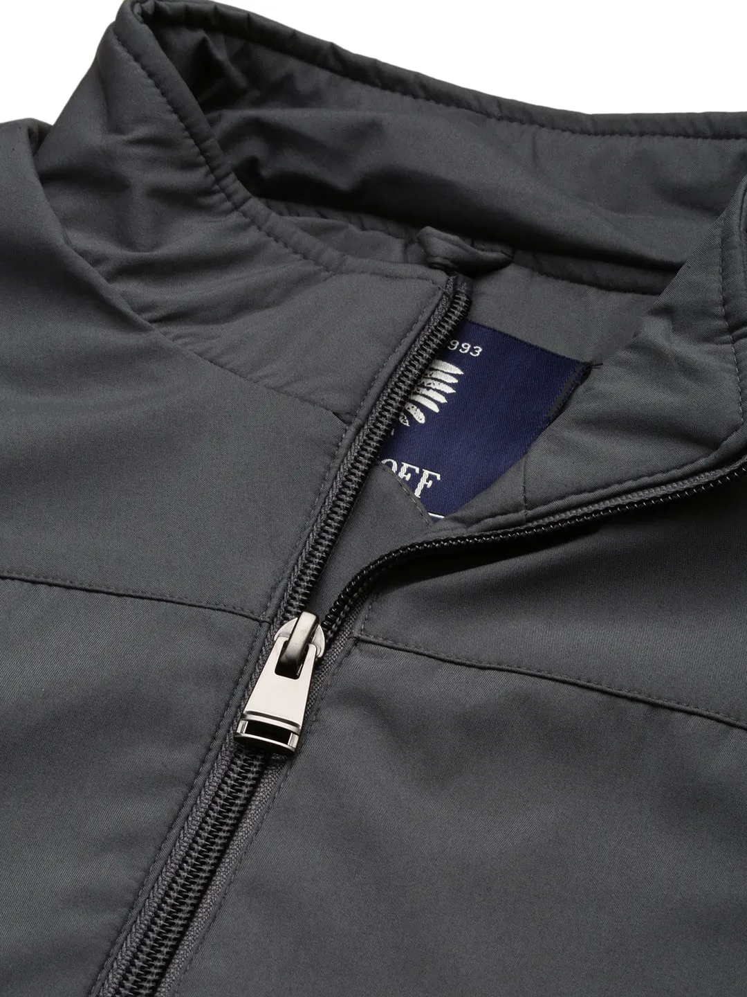 Men Grey Stand Collar Water Resistant Bomber Jacket