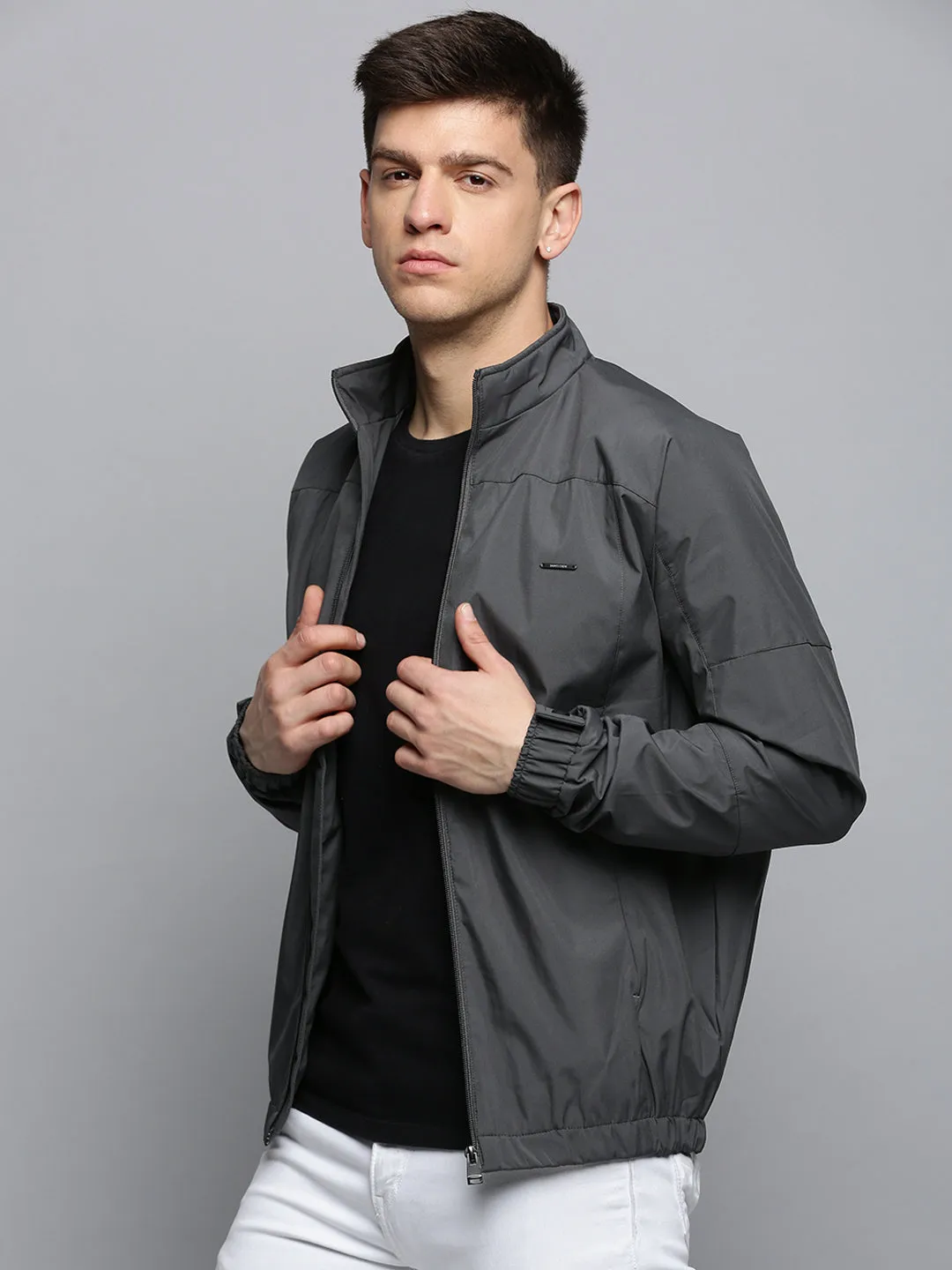 Men Grey Stand Collar Water Resistant Bomber Jacket