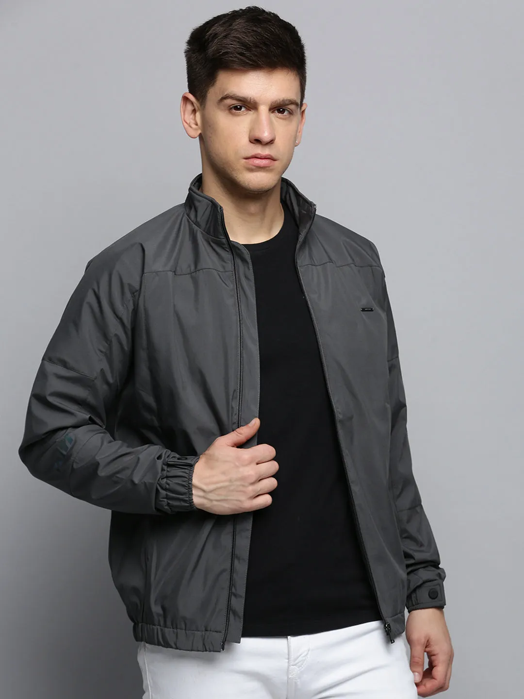 Men Grey Stand Collar Water Resistant Bomber Jacket