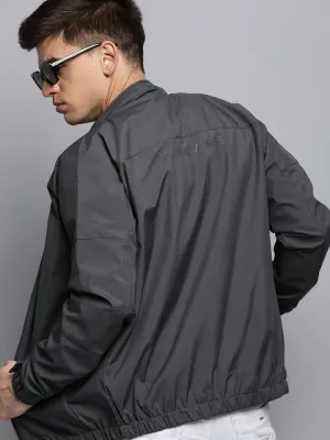 Men Grey Stand Collar Water Resistant Bomber Jacket