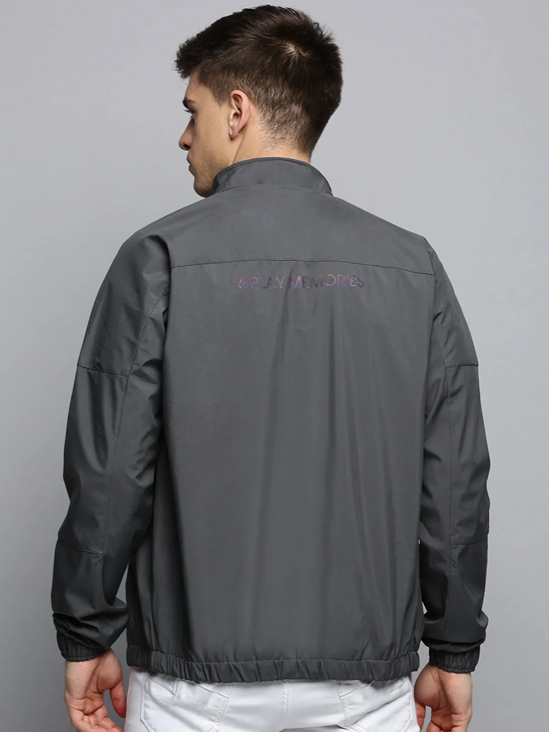 Men Grey Stand Collar Water Resistant Bomber Jacket